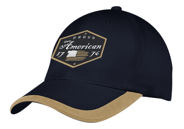 Picture of Proud American 1776 Hexagon DEMB on Front of Blue/Khaki Constrast Stripe Sandwich Cap